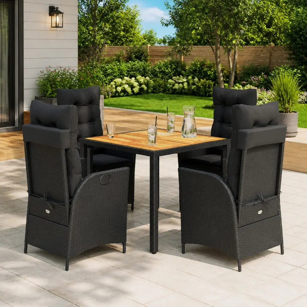 Garden Dining Set Poly Rattan 5 Piece Outdoor Furniture Black with Cushions