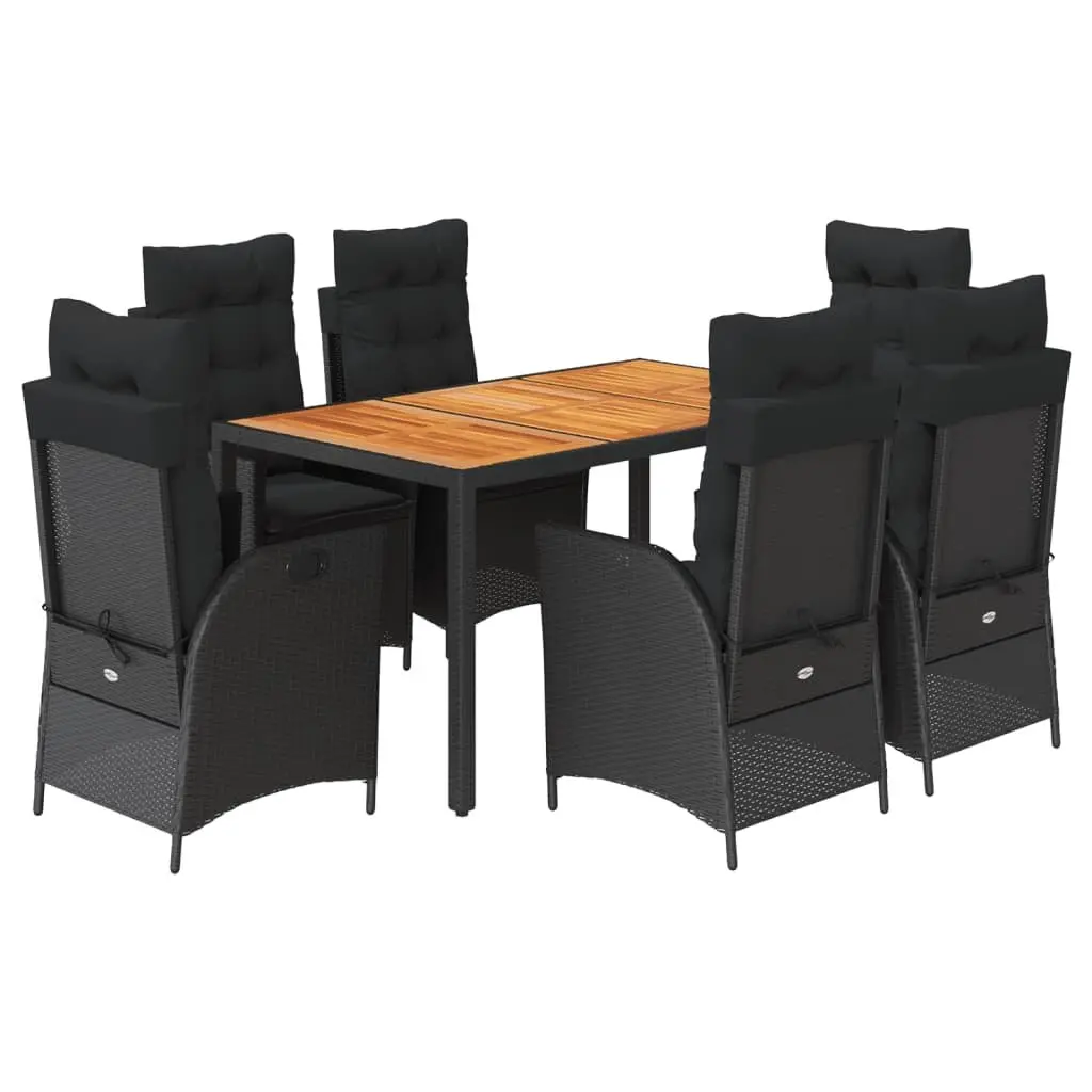 7 Piece Garden Dining Set PE Rattan Acacia Wood Table Black