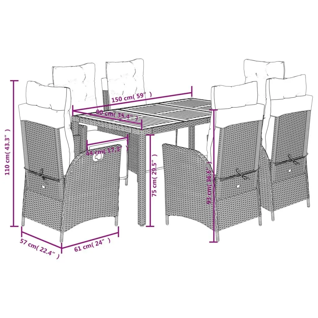 7 Piece Garden Dining Set PE Rattan Acacia Wood Table Black