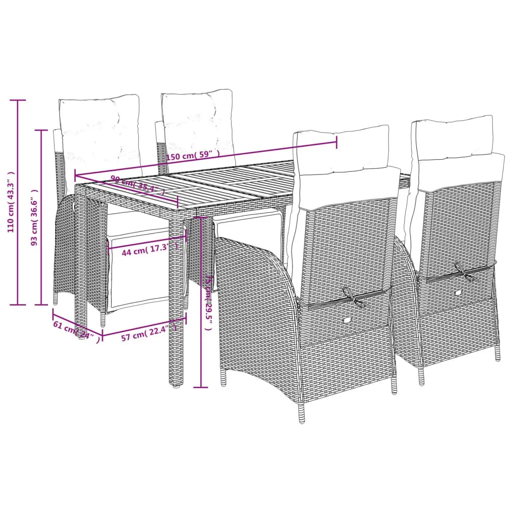 5 Piece Outdoor Dining Set with Cushions in Grey Rattan