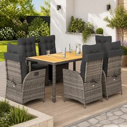 7 Piece Rattan Garden Dining Set with Grey Cushions