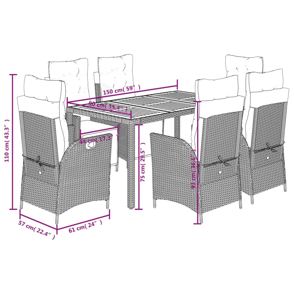 7 Piece Rattan Garden Dining Set with Grey Cushions
