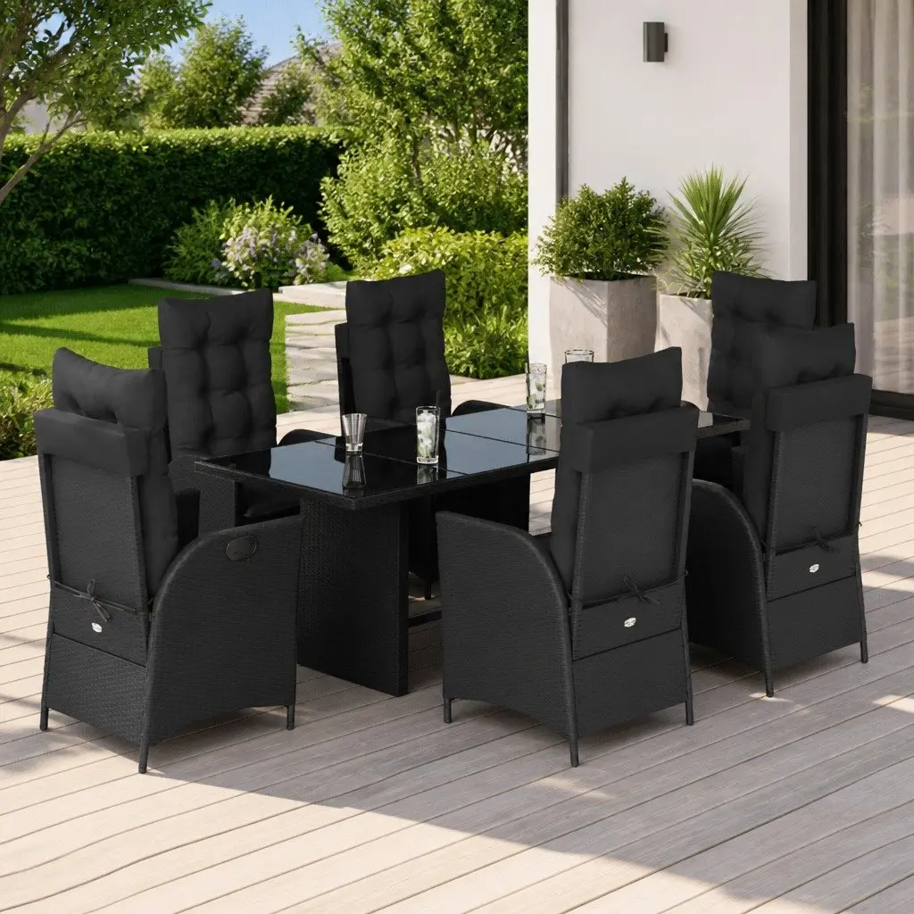 7 Piece Black Poly Rattan Garden Dining Set