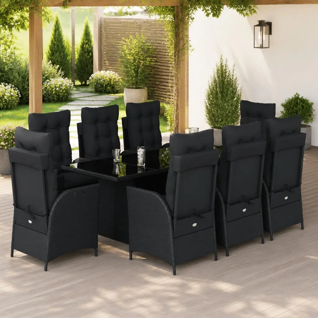Garden Dining Set PE Rattan 9 Piece Black Outdoor Patio Furniture