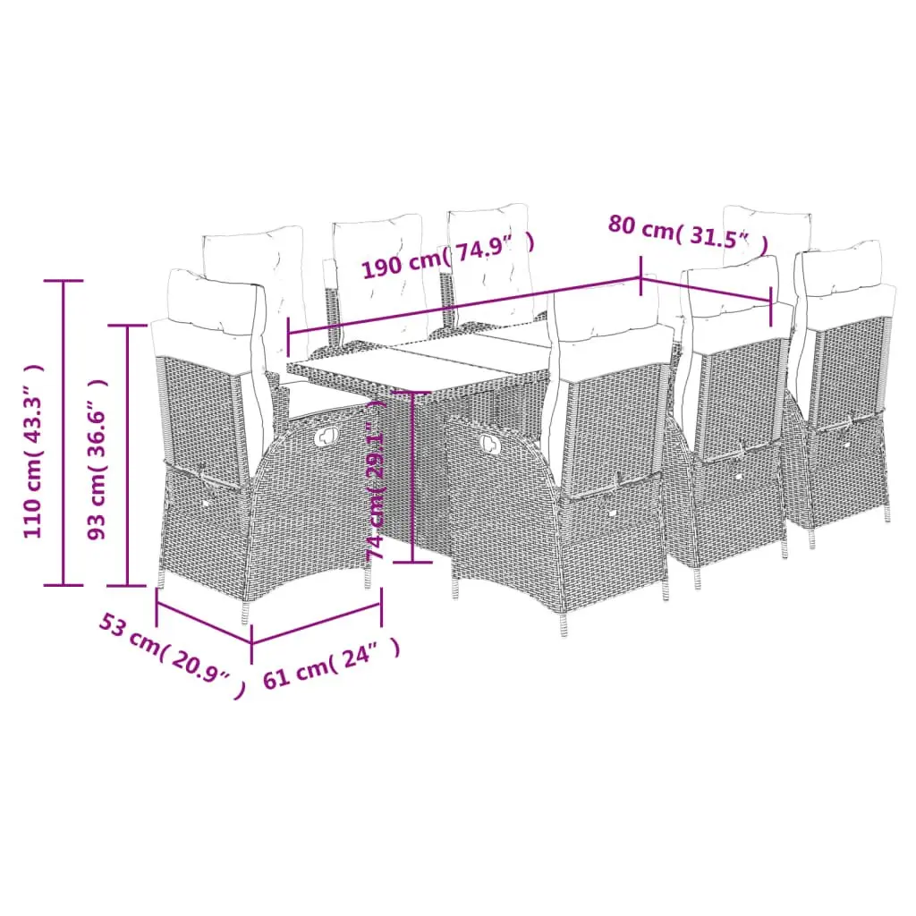Garden Dining Set PE Rattan 9 Piece Black Outdoor Patio Furniture