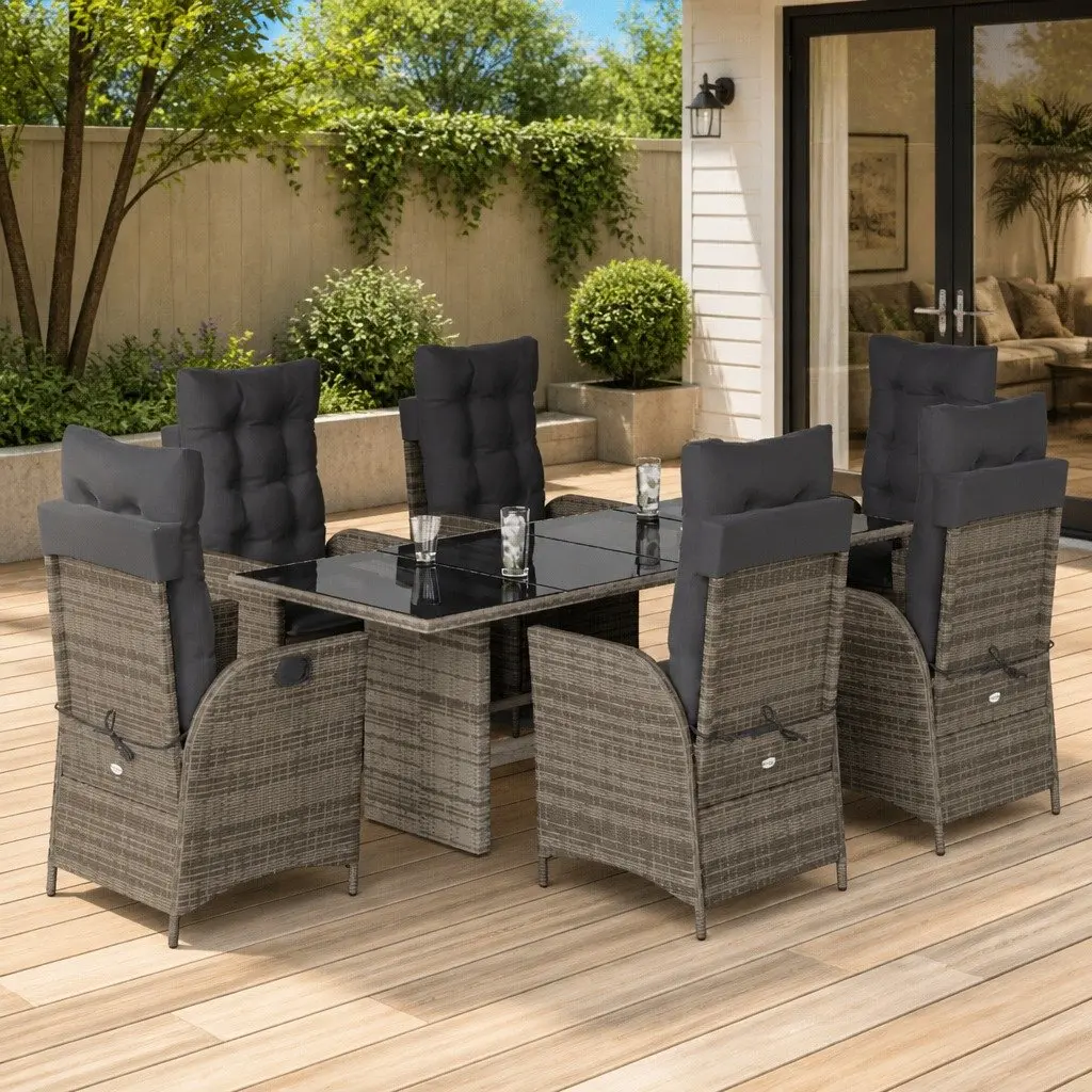 7 Piece Outdoor Garden Dining Set Grey PE Rattan Patio Furniture with Cushions