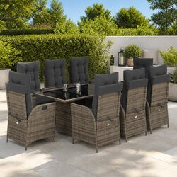 9-Piece Grey Poly Rattan Garden Dining Set with Cushions