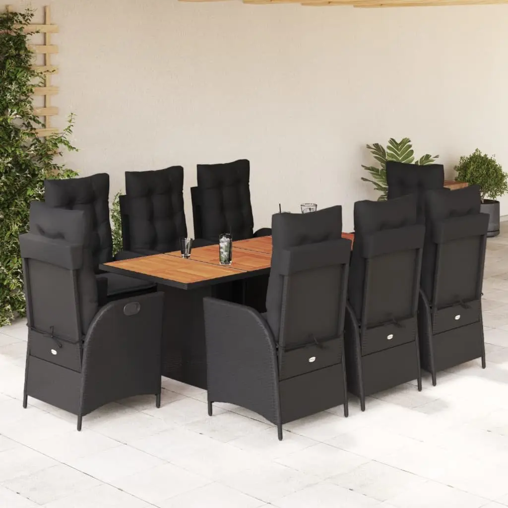 9 Piece Outdoor Dining Set PE Rattan Acacia Wood Black