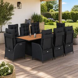 Black Poly Rattan 9-Piece Garden Dining Set with Cushions