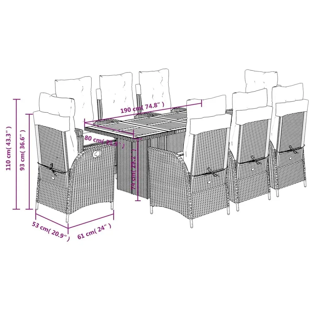 Black Poly Rattan 9-Piece Garden Dining Set with Cushions