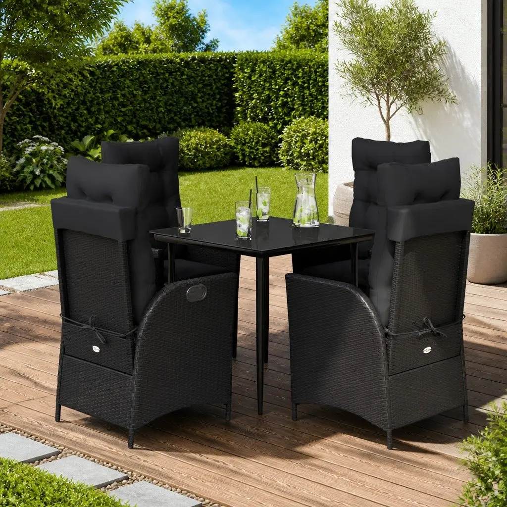 5 Piece Black Poly Rattan Outdoor Dining Set with Cushions