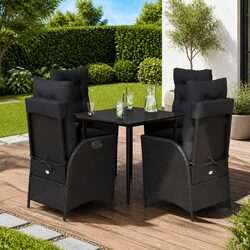 5 Piece Black Poly Rattan Outdoor Dining Set with Cushions