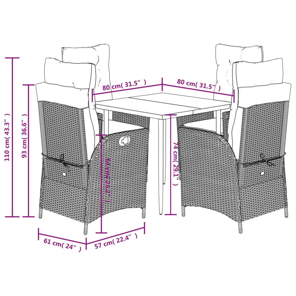 5 Piece Black Poly Rattan Outdoor Dining Set with Cushions