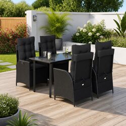 5-Piece Black Poly Rattan Garden Dining Set with Cushions