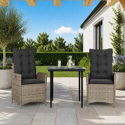3 Piece Grey Poly Rattan Garden Dining Set with Cushions