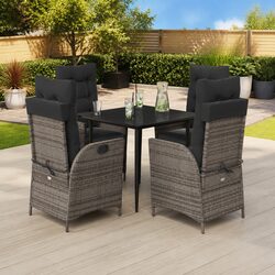 5-Piece Grey Poly Rattan Garden Dining Set with Cushions