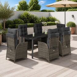 7 Piece Grey Poly Rattan Garden Dining Set with Cushions