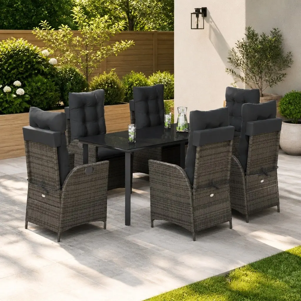7 Piece Grey Poly Rattan Garden Dining Set with Cushions