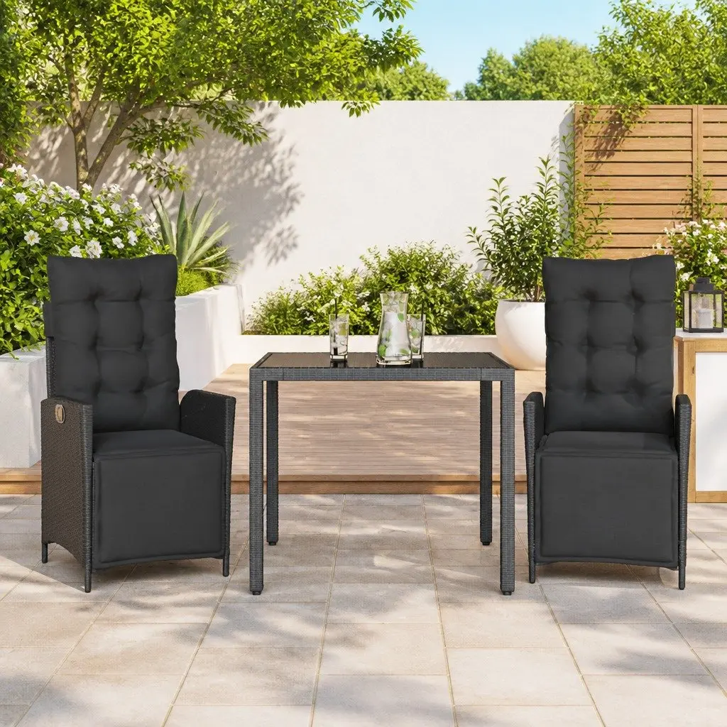 Black Poly Rattan 3-Piece Outdoor Dining Set with Cushions