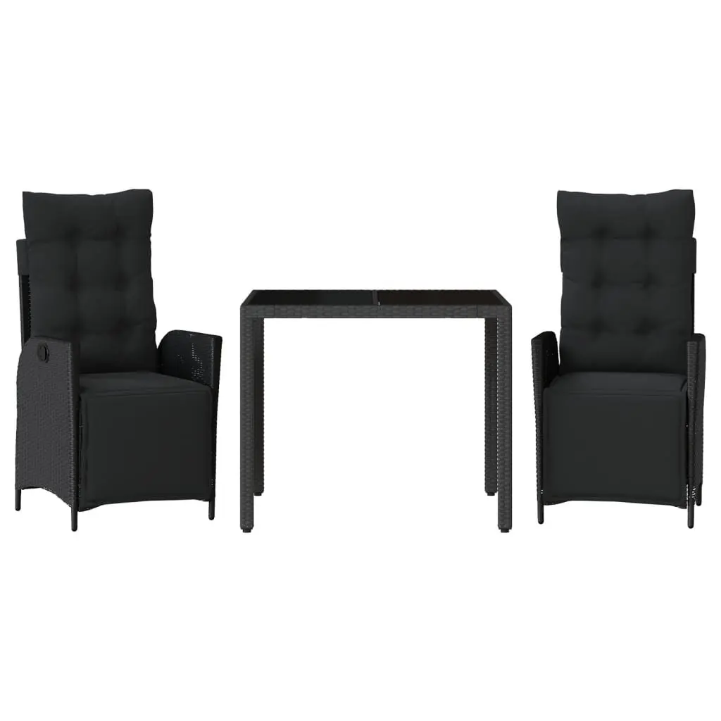 Black Poly Rattan 3-Piece Outdoor Dining Set with Cushions