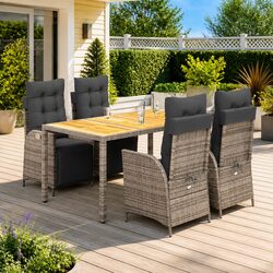 5 Piece Grey Rattan Dining Set with Acacia Wood Table