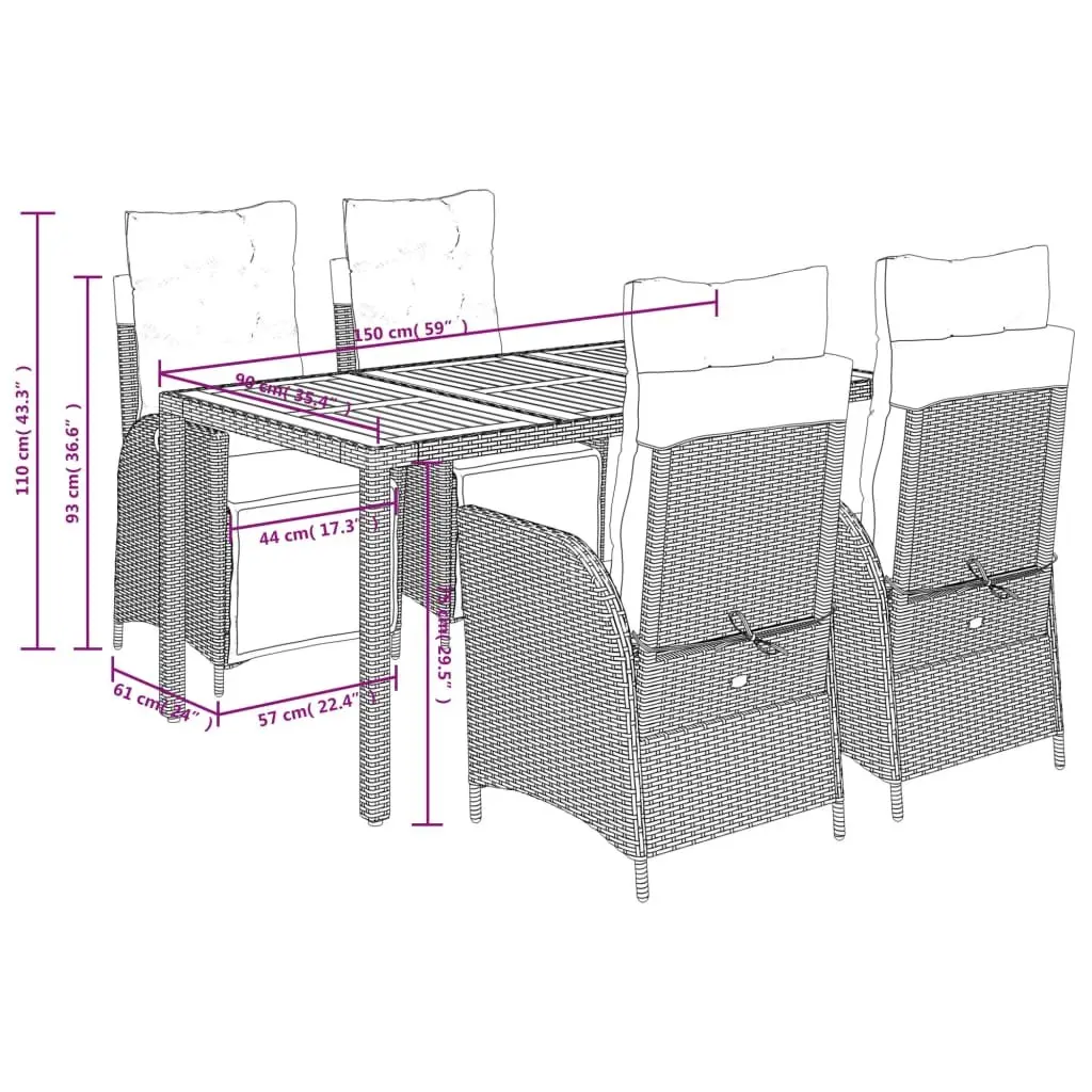 5 Piece Garden Dining Set PE Rattan Acacia Wood Grey Outdoor Furniture