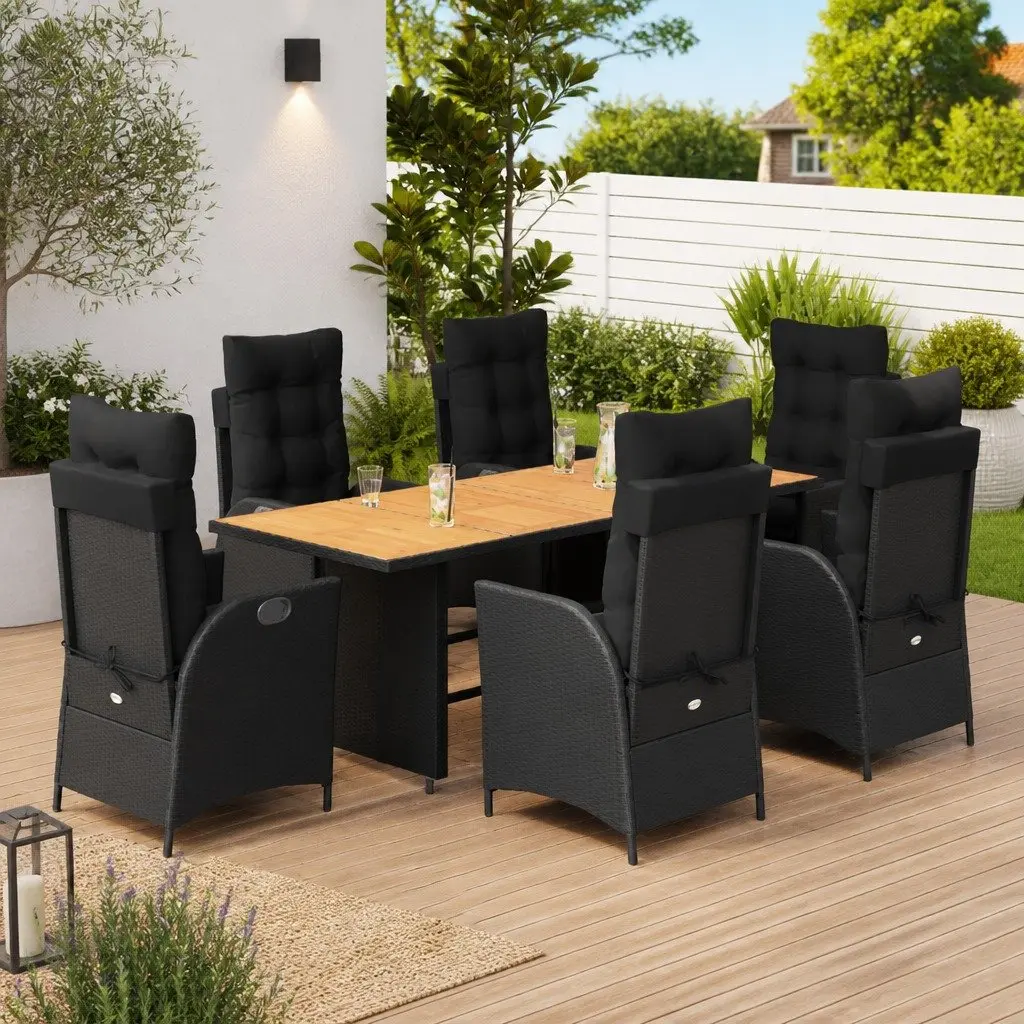 7 Piece Black PE Rattan Garden Dining Set