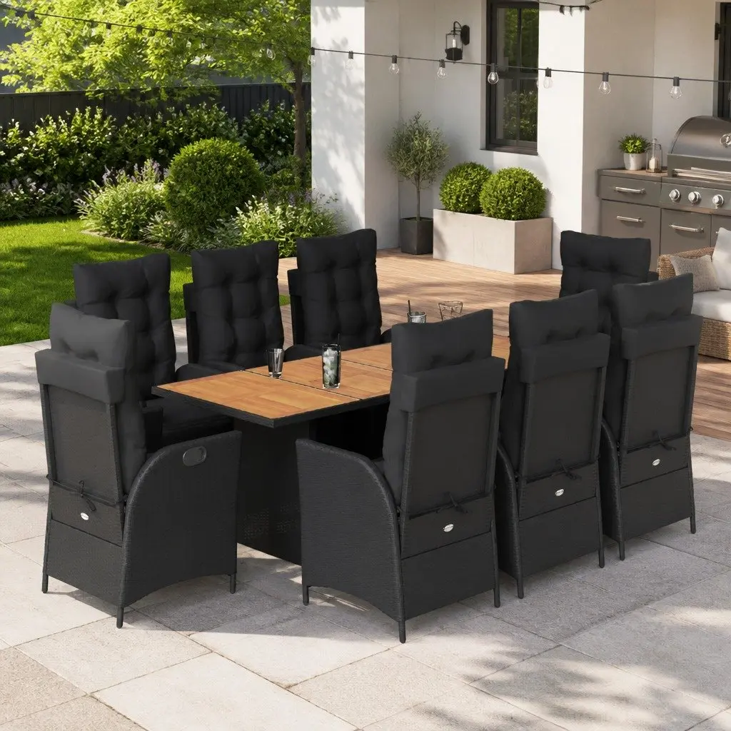9-Piece Black Poly Rattan Garden Dining Set