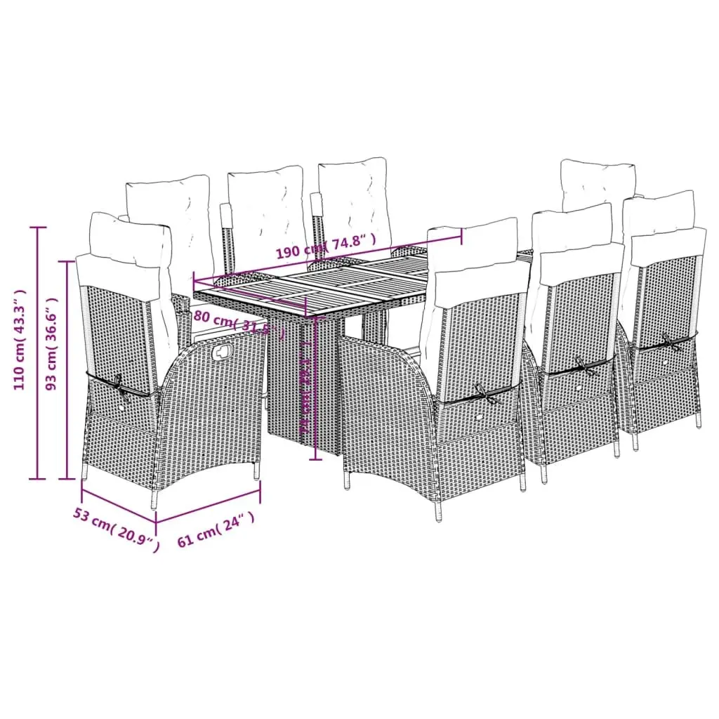 9-Piece Black Poly Rattan Garden Dining Set