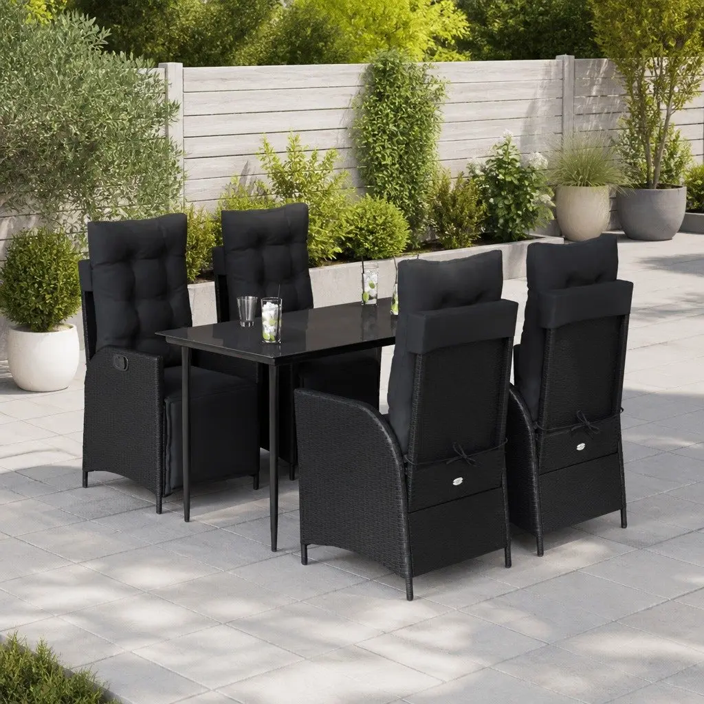 Garden Dining Set PE Rattan 5 Piece Black Tempered Glass Table Patio Furniture