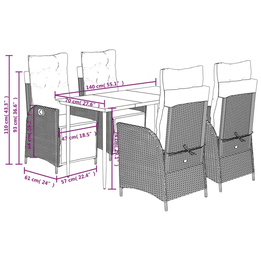 Garden Dining Set PE Rattan 5 Piece Black Tempered Glass Table Patio Furniture
