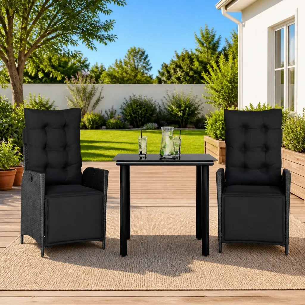 Outdoor Garden Dining Set 3 Piece Black Poly Rattan with Cushions Patio