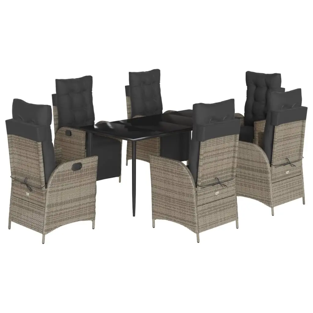 Outdoor Dining Set PE Rattan 7 Piece Grey Cushions Glass Table