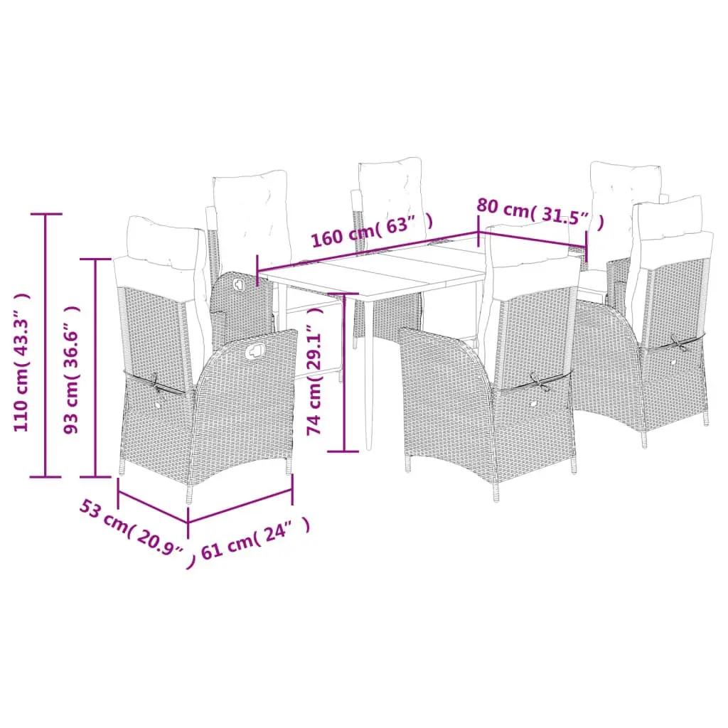 Outdoor Dining Set PE Rattan 7 Piece Grey Cushions Glass Table