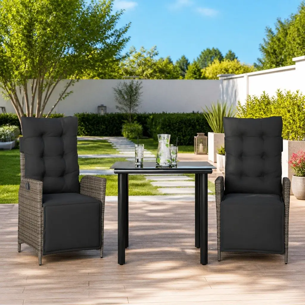 Outdoor Dining Set PE Poly Rattan 3 Piece Grey Furniture Patio Table Chairs