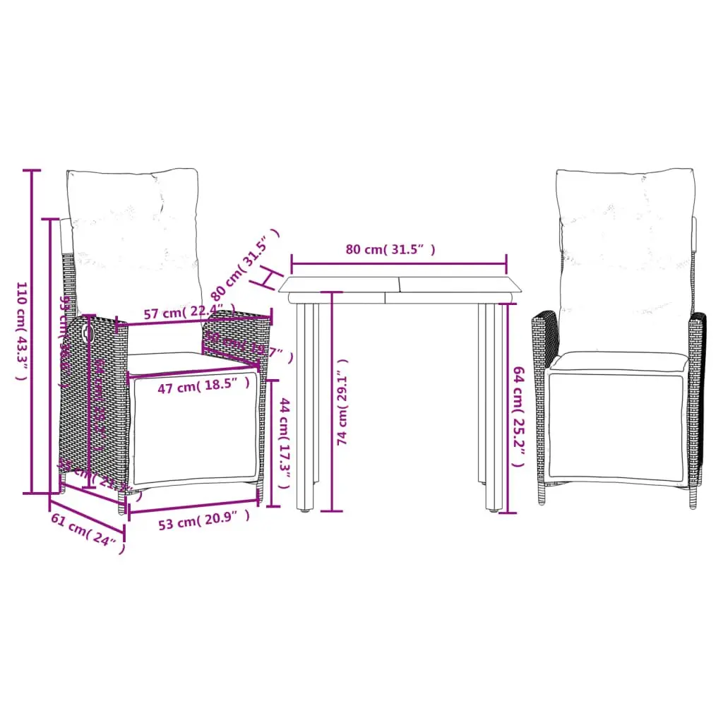 Outdoor Dining Set PE Poly Rattan 3 Piece Grey Furniture Patio Table Chairs