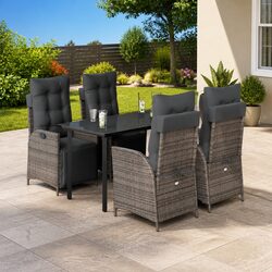 Outdoor Garden Dining Set 5 Piece Grey Poly Rattan Chair Table Cushions Patio