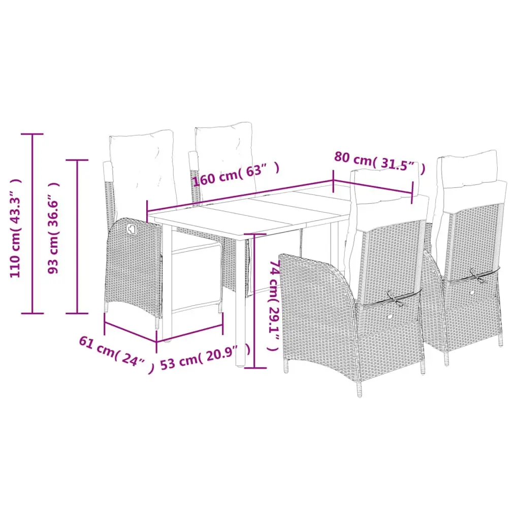 5-Piece Garden Dining Set with Grey Cushions