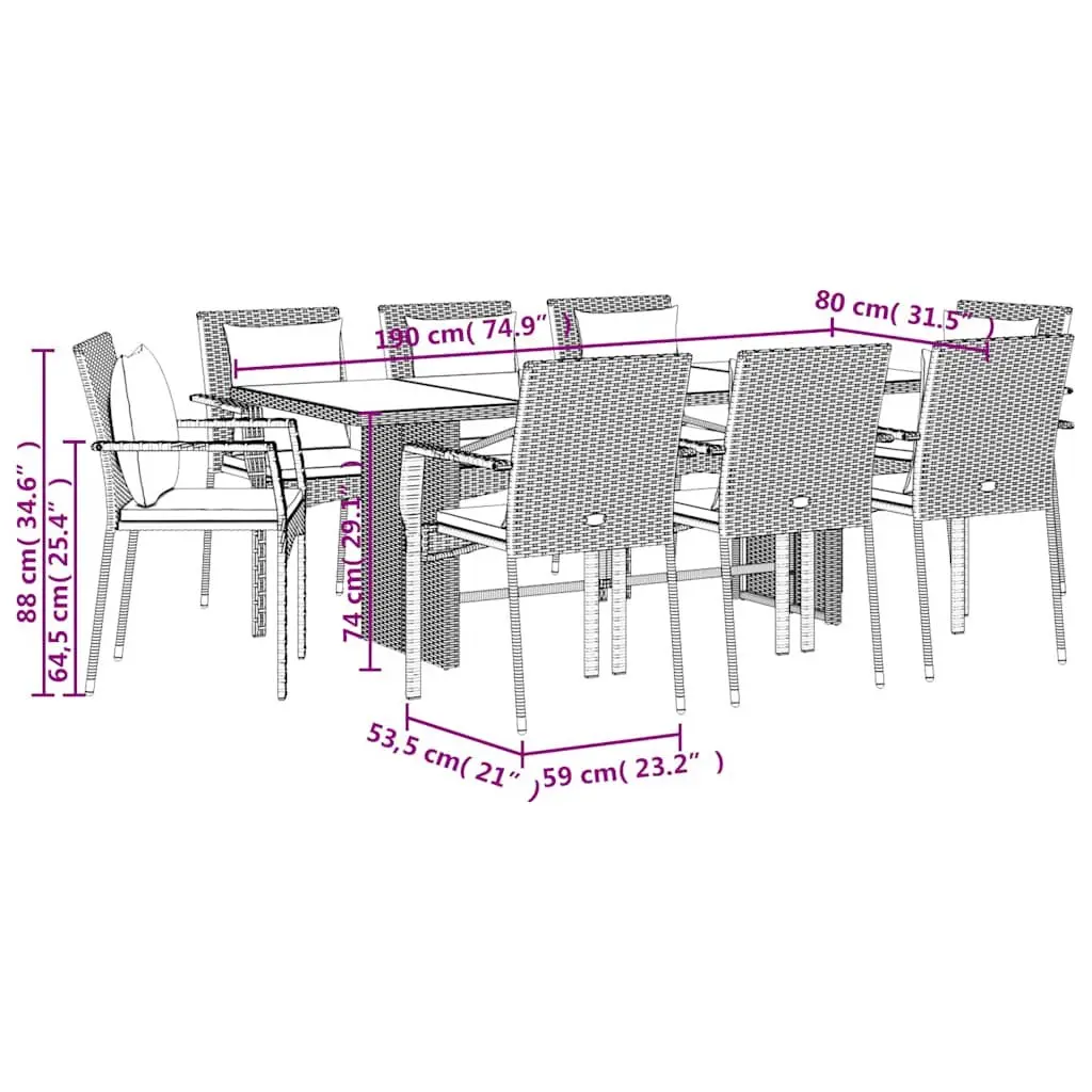 Outdoor Dining Set Poly Rattan 9 Piece Garden Furniture Table Chairs Black