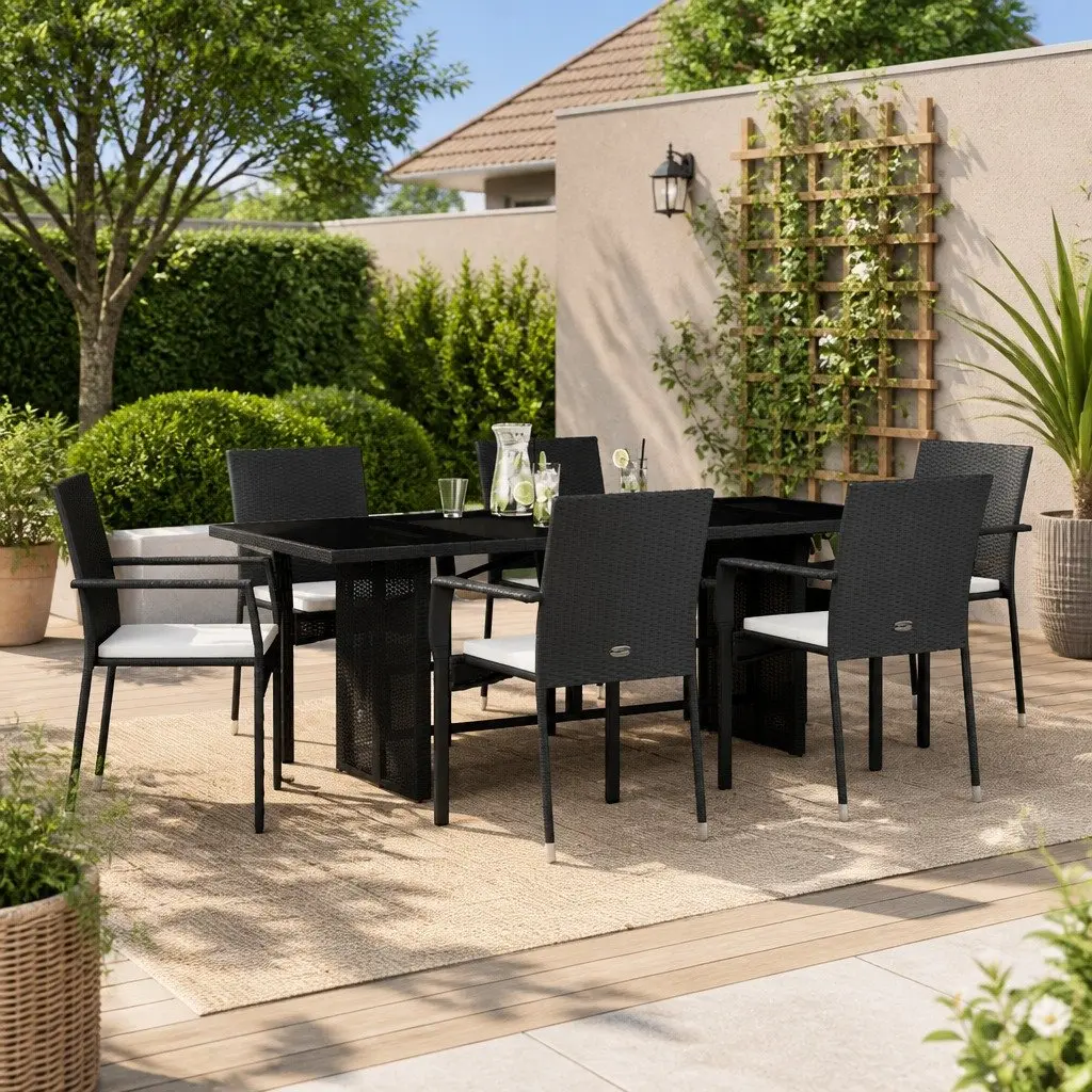 Outdoor Dining Set PE Poly Rattan 7 Piece Black Table Chairs with Cushions