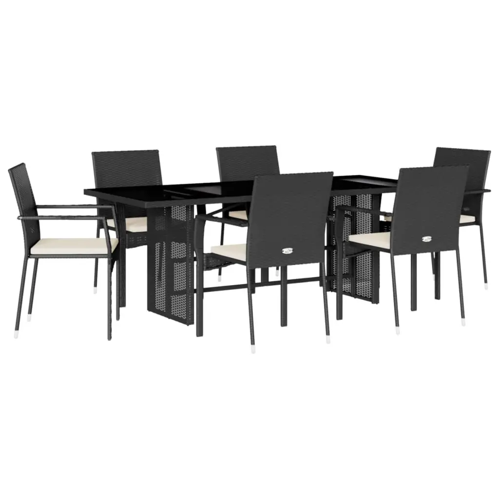 Outdoor Dining Set PE Poly Rattan 7 Piece Black Table Chairs with Cushions