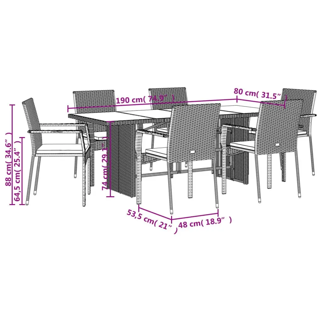 Outdoor Dining Set PE Poly Rattan 7 Piece Black Table Chairs with Cushions