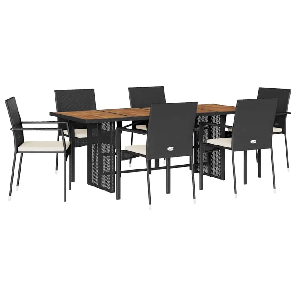 Outdoor Dining Set PE Rattan Acacia Wood 7 Piece Black Patio Furniture