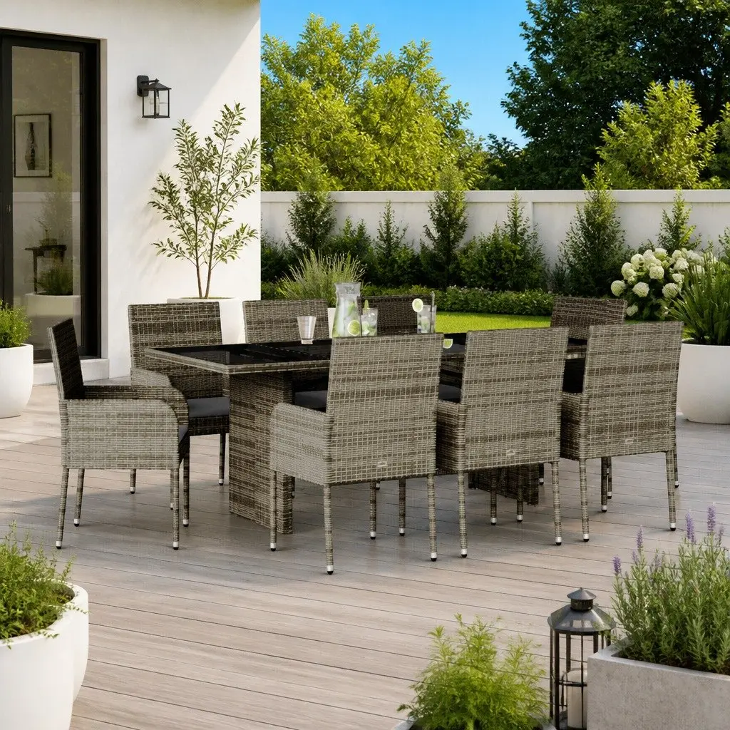 Outdoor Dining Set PE Rattan 9 Piece Grey with Cushions