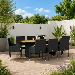 Durable 9 Piece Black Poly Rattan Outdoor Dining Set