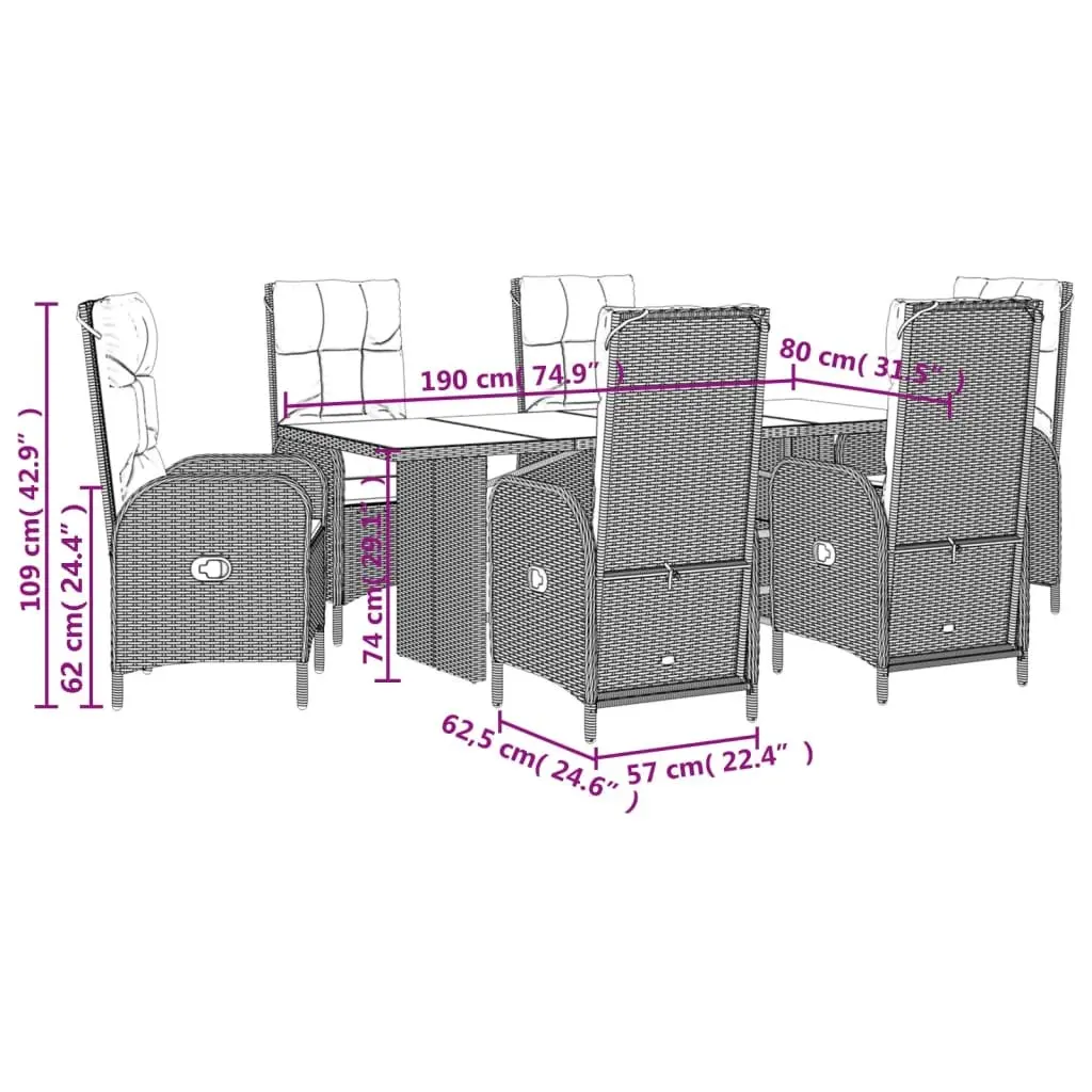 7 Piece Outdoor Garden Dining Set PE Poly Rattan Black with Cushions