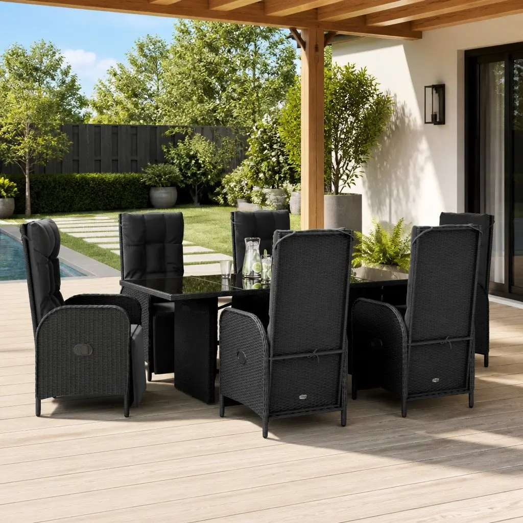 7 Piece Black Poly Rattan Outdoor Dining Set