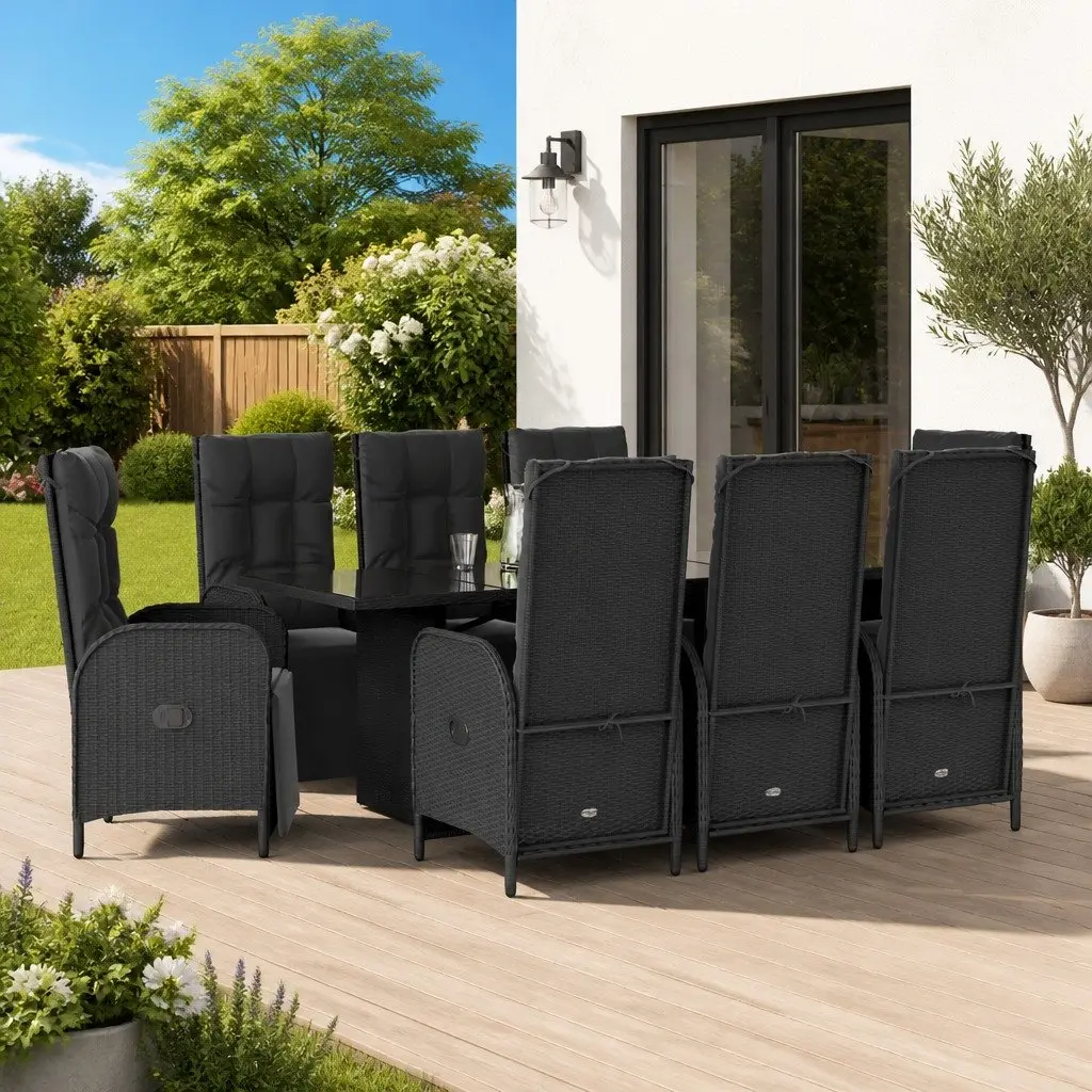 9 Piece Black Poly Rattan Outdoor Dining Set