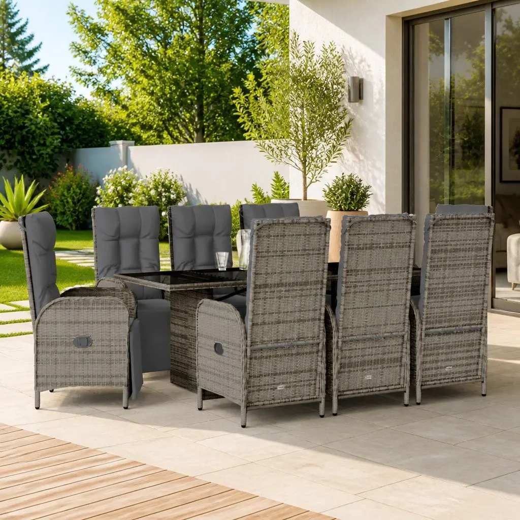 Grey Poly Rattan 9 Piece Garden Dining Set with Cushions