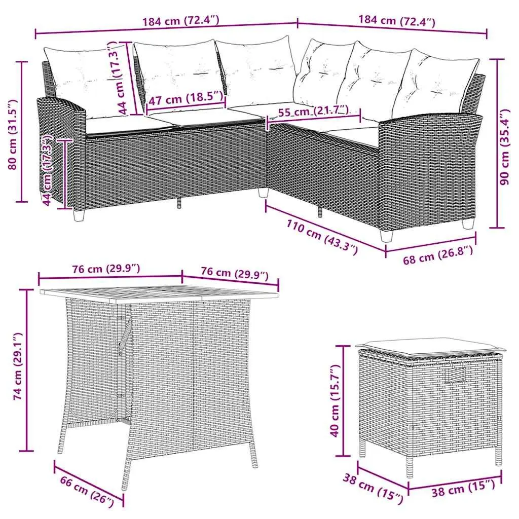 L-Shaped Sofa Set PE Rattan 6 Piece Outdoor Furniture Black